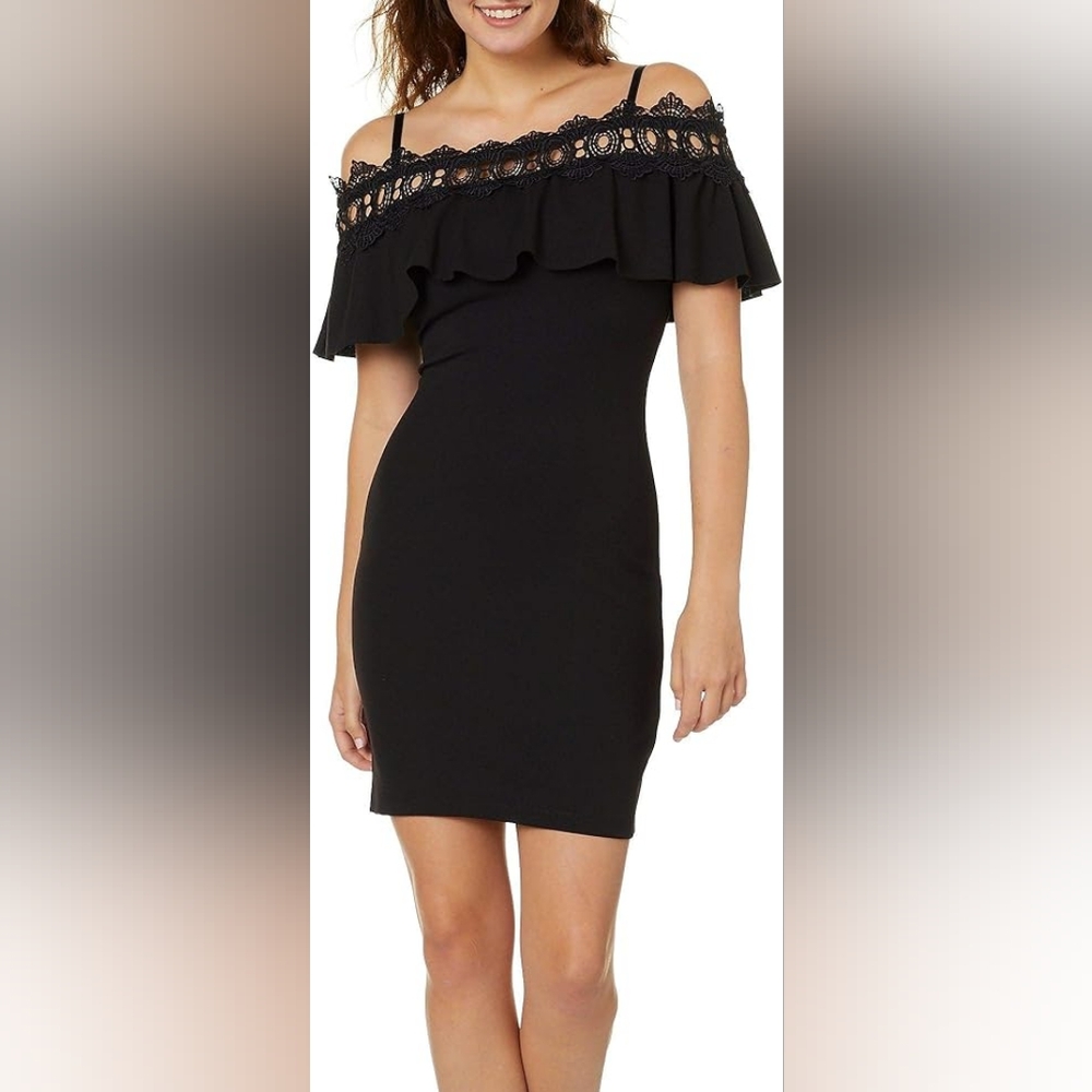 NWT By & By Black party dress Adjustable straps Off shoulder ruffle Women's Sz 0
